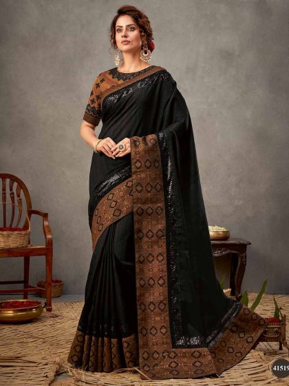 Black Colour Silk Fabric Designer Party Wear Saree.