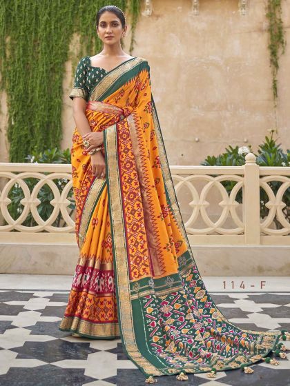 Mustard Yellow Colour Patola Silk Fabric Traditional Saree.