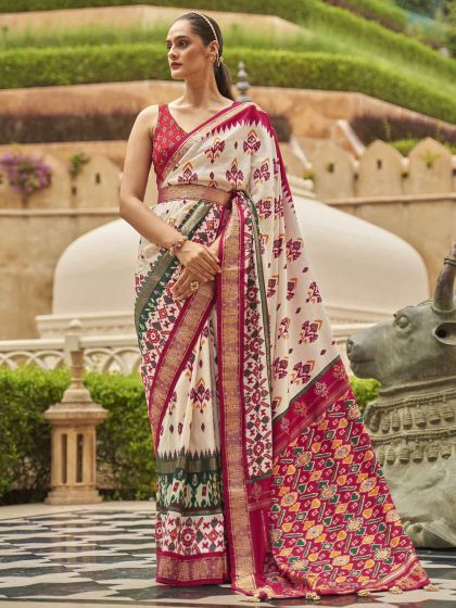 Cream,Red Colour Patola Silk Fabric Designer Saree.