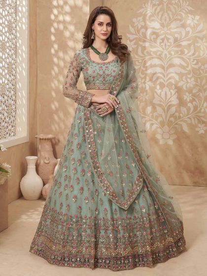 Mint Green Colour Net Fabric Designer Lehenga Choli.