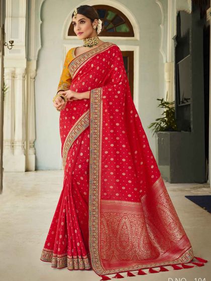 Designer Bridal Saree Red Colour Silk Fabric.