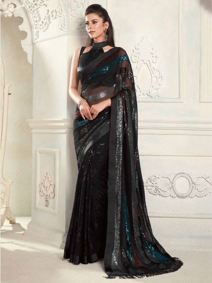 Georgette Fabric Party Wear Saree Black Colour.