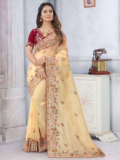 Cream Colour Organza Fabric Designer Saree.