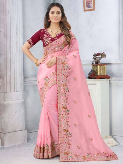 Pink Colour Organza Fabric Wedding Saree.