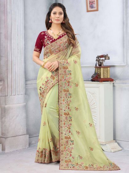 Organza Fabric Designer Saree Pista Green Colour.