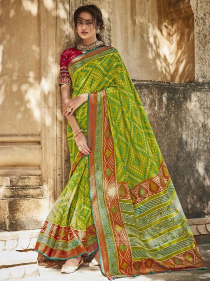 Green Colour Silk Fabric Printed Saree.