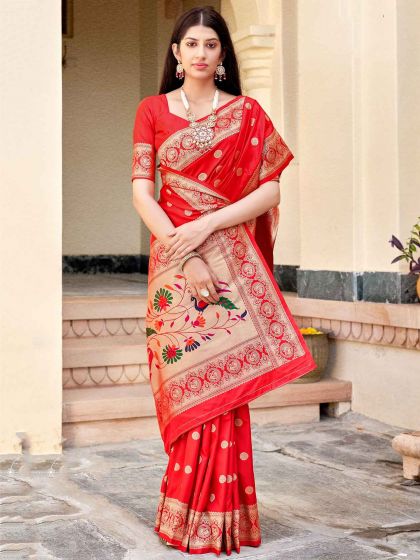 Red Colour Banarasi Silk Fabric Traditional Saree.