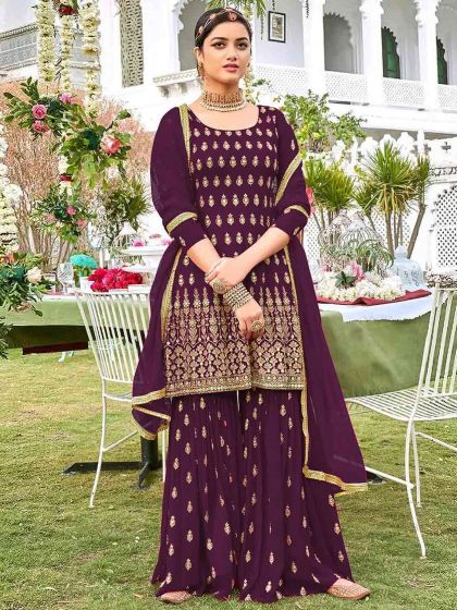 Wine Colour Party Wear Sharara Salwar Kameez.