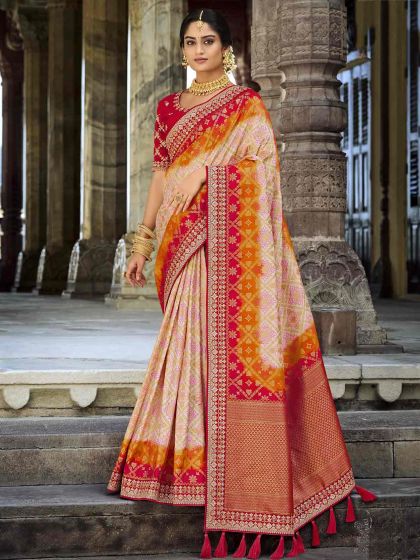 Cream,Red Colour Raw Silk Fabric Wedding Saree.