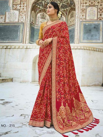 Red Colour Raw Silk Fabric Designer Bridal Saree.