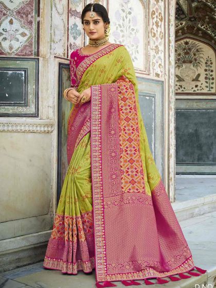 Green,Pink Colour Raw Silk Fabric Saree.