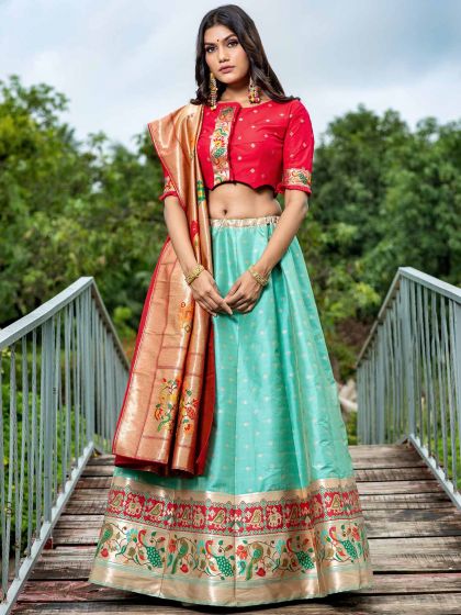 Turquoise Colour Silk Fabric Lehenga Choli.