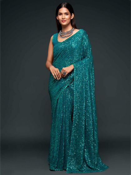 Rama Green Colour Georgette Fabric Fancy Saree.