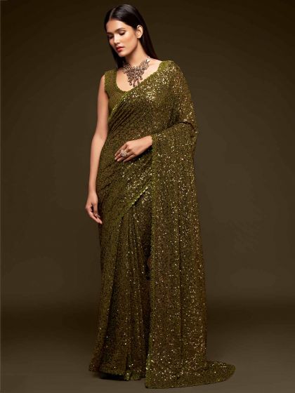 Mehendi Green Colour Georgette Fabric Women Saree.