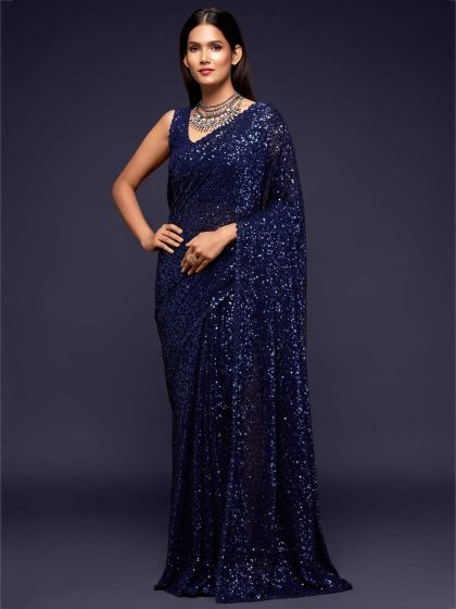 Blue Colour Georgette Fabric Women Saree.