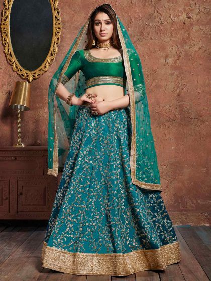 Rama Green Colour Art Silk Fabric Designer Lehenga Choli.