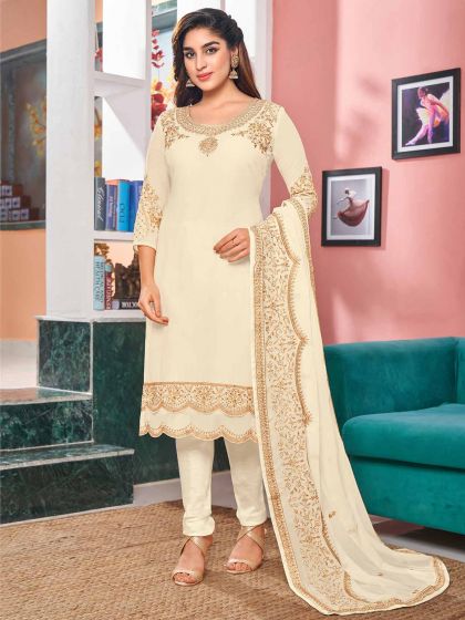 Cream Colour Faux Georgette Fabric Designer Salwar Suit.