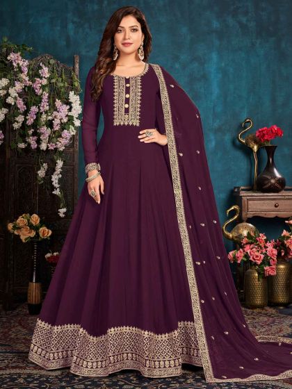 Designer Anarkali Salwar Suit Wine Colour in Georgette Fabric.