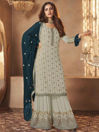 Grey Colour Palazzo Salwar Suit in Georgette Fabric.