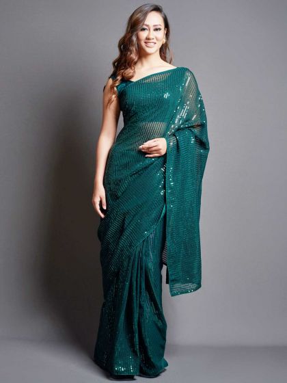 Georgette Fabric Women Saree Green Colour.