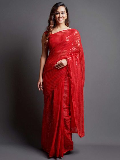 Red Colour Georgette Fabric Designer Saree.