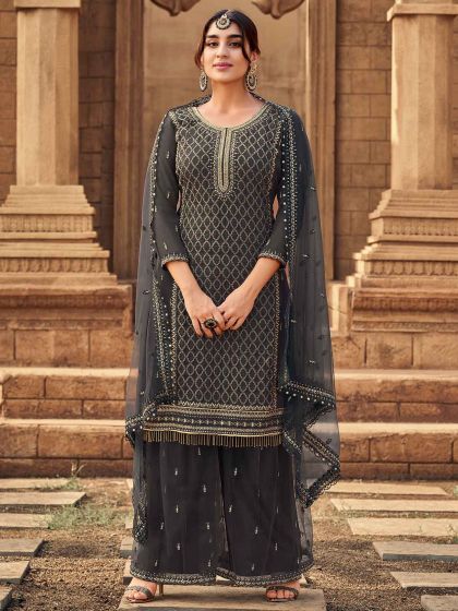 Grey,Black Colour Party Wear Sharara Salwar Suit.