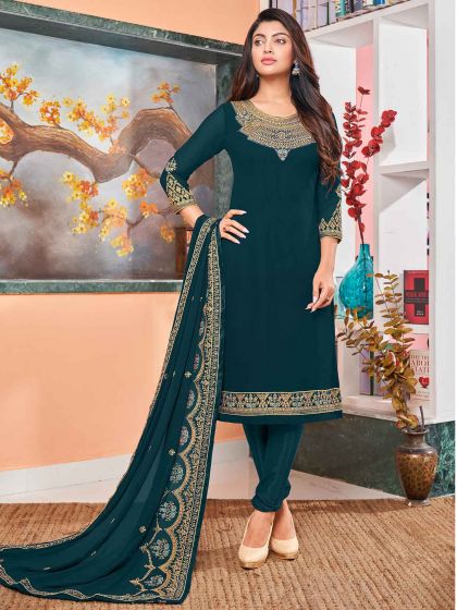 Rama Green Colour Georgette Fabric Salwar Suit.