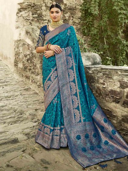 Blue Colour Silk Fabric Party Wear Saree.