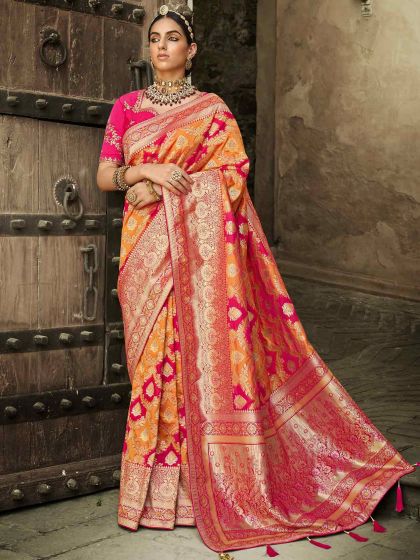 Red,Orange Colour Silk Fabric Indian Traditional Saree.