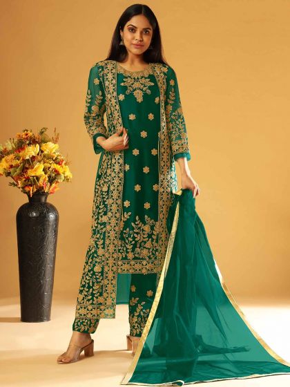 Green Colour Net Fabric Straight Cut Style Salwar Suit.