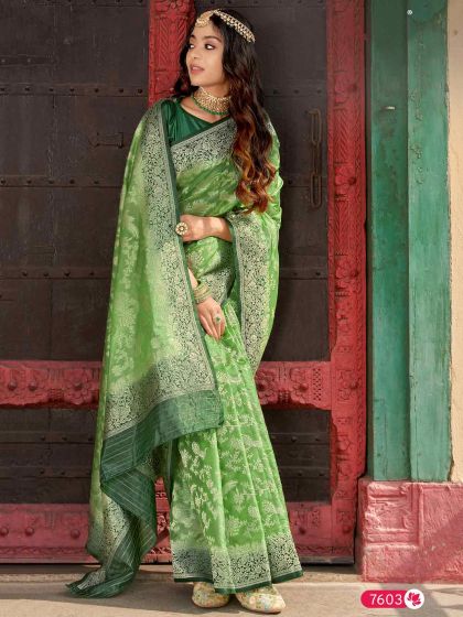 Green Colour Organza,Silk Fabric Indian Saree.