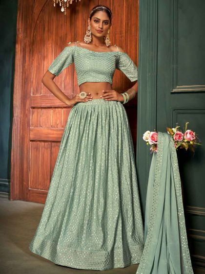 Green Colour Women Lehenga Choli in Chinon Fabric.