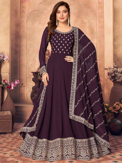 Wine Colour Georgette Fabric Party Wear Salwar Suit.