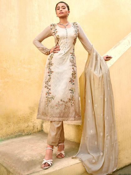 Cream,Brown Colour Chinon Salwar Suit.