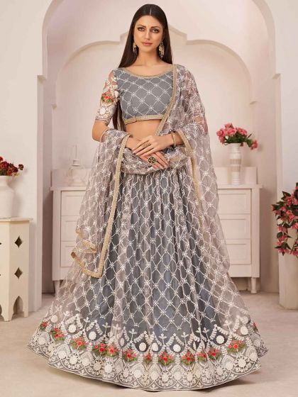 Grey Colour Net Fabric Lehenga Choli.