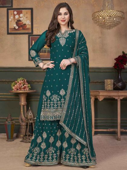 Rama Green Colour Georgette Fabric Sharara Salwar Suit.