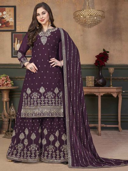 Designer Sharara Salwar Suit Wine Colour in Georgette Fabric.