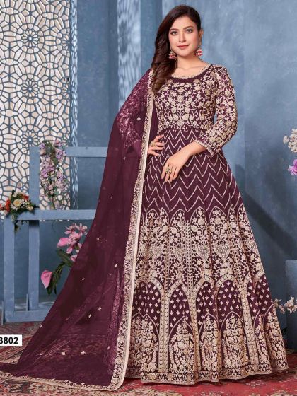 Wine Colour Designer Anarkali Salwar Suit in Net Fabric.