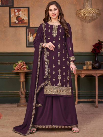 Wine Colour Sharara Salwar Suit in Georgette Fabric.