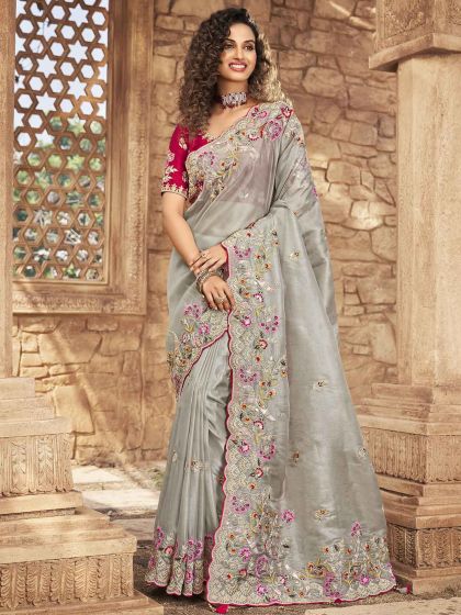 Grey Colour Net,Organza Fabric Designer Saree.