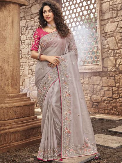 Grey Colour Net,Organza Fabric Women Saree.