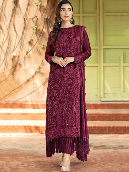 Purple Embroidered Pant Style Suit In Georgette