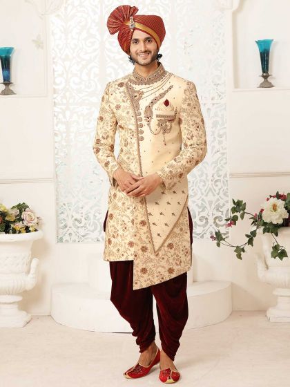 Cream,Golden Colour Silk Fabric Mens Sherwani.