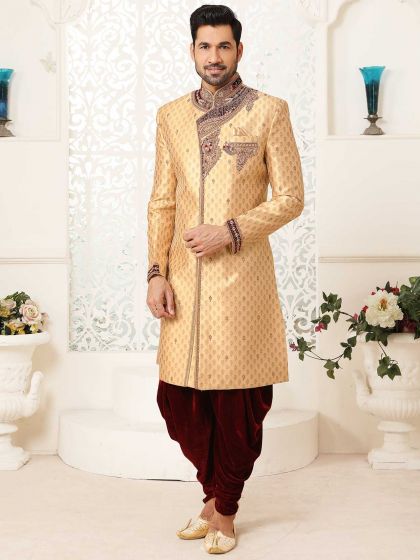 Golden Colour Brocade Fabric Groom Sherwani.