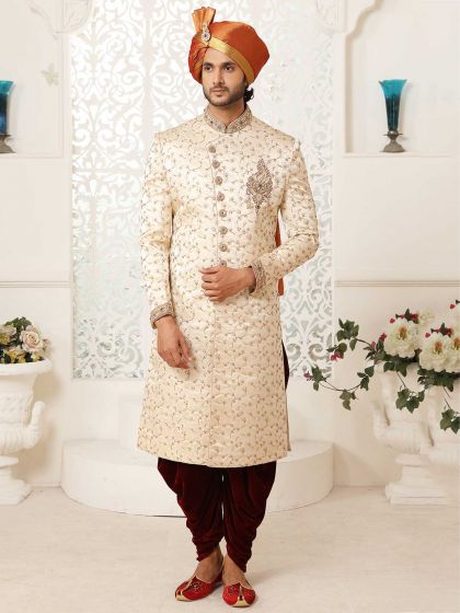 Cream Colour Brocade Fabric Mens Designer Sherwani.