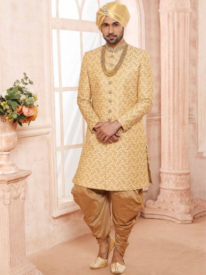 Yellow Colour Silk Fabric Wedding Sherwani.