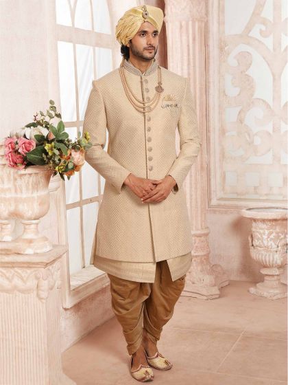 Beige,Golden Colour Silk Fabric Indian Designer Sherwani.