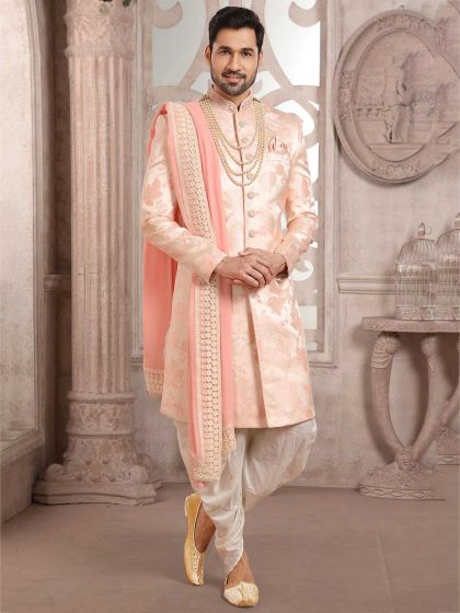 Peach Colour Silk Fabric Indian Designer Sherwani.