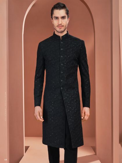 Black Sequins Embroidered Indowestern For Men