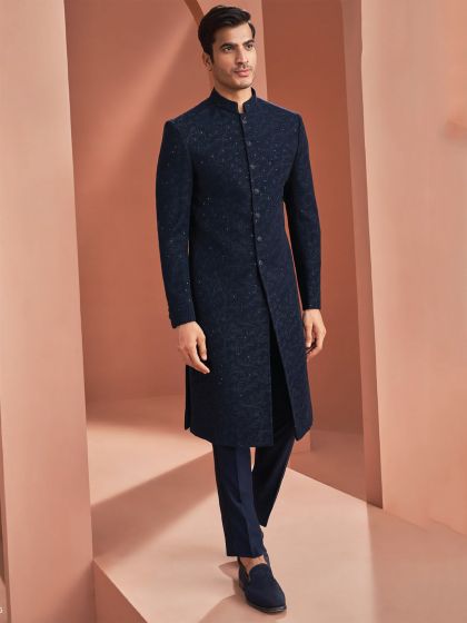 Readymade Blue Sequins Embroidered Mens Indowestern